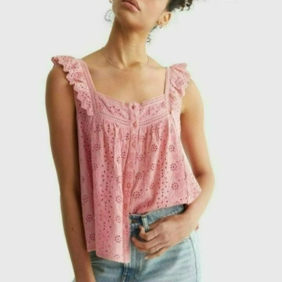 NWT Lucky Brand Embroidered Ruffle Button Down Tank Top - Picture 4 of 10